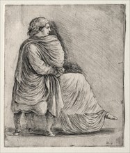 Woman Seated on a Stool, c. 1620s-1630s. Creator: Stefano Della Bella (Italian, 1610-1664).