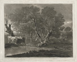Wooded Landscape with Cows beside a Pool, Figures and Cottage , published in 1797. Creator: Thomas Gainsborough (British, 1727-1788).