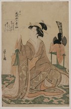Young Woman Kneeling by a Stand with a Ceremonial Cap..., mid 1790s. Creator: Ch?bunsai Eishi (Japanese, 1756-1829).