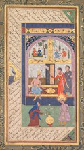Zulaykha in her palace and as an old woman with Joseph, from a Panj Ganj (Five Treasures)..., 1603-1 Creator: Mushfiq (Indian); others (Indian), and.