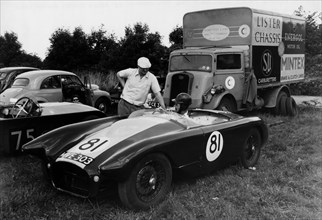 Lister Bristol with Archie Scott Brown and Brian Lister in paddock 1954. Creator: Unknown.