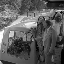 The Wombles with Lord Montagu at opening of Beaulieu Monorail 1974. Creator: Unknown.