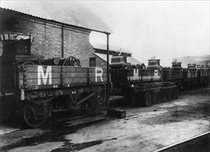 1899 Daimlers being transported by rail from factory. Creator: Unknown.