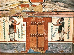 Wall in the Tomb of the Augurs (Tomba degli Auguri) at Tarquinia, Italy, (1928). Creator: Unknown.