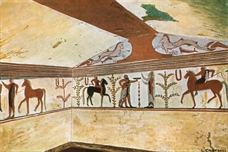 Mural painting in the Tomb of the Baron (Tomba del Barone) at Tarquinia, Italy, (1928).  Creator: Unknown.