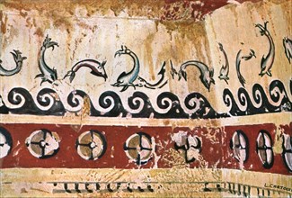 Mural painting in the Tomb of Typhon (Tomba del Tifone) at Tarquinia, Italy, (1928]. Creator: Unknown.