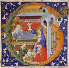 manuscrit Illumination with the Birth of the Virgin in an Initial G, from a Gradual, ca. 1375. Creator: Silvestro dei Gherarducci.