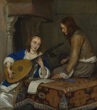 A Woman Playing the Theorbo-Lute and a Cavalier, ca. 1658. Creator: Gerard Terborch II.