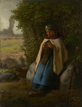 Shepherdess Seated on a Rock, 1856. Creator: Jean Francois Millet.