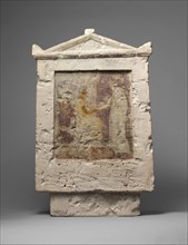 Painted limestone funerary stele with a seated man and two standing..., late 4th-early 3rd century B Creator: Unknown.