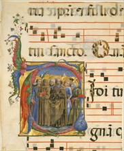 manuscript Illumination with All Saints in an Initial V, from an Antiphonary, 1450-60. Creator: Cosmè Tura.
