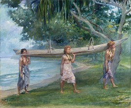 Girls Carrying a Canoe, Vaiala in Samoa, 1891. Creator: John La Farge.