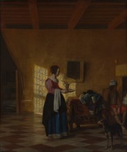 Woman with a Water Pitcher, and a Man by a Bed, ca. 1667-70. Creator: Pieter de Hooch.