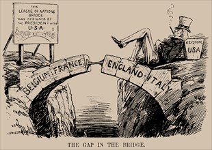 The Gap in the Bridge. Cartoon on the absence of the USA in the League of Nations, Dec 1919. Creator: Raven-Hill, Leonard (1867-1942).