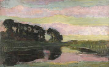 River landscape with pink and yellowgreen sky, ca 1907-1908