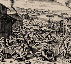 Powhatan attack on 22 March 1622, 1628. Creator: Merian, Matthäus, the Elder (1593-1650).
