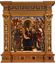 Pala Oliva. Madonna and Child enthroned between Saints George, Francis of Assisi?, 1489. Creator: Santi, Giovanni (ca 1435-1494).