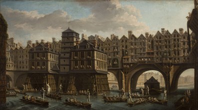 Sailors Jousting, Between the Pont Notre Dame and the Pont-Au-Change, Paris, 1756. Creator: Raguenet, Nicolas-Jean-Baptiste (1715-1793).