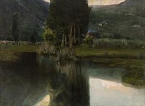 Lake with cypresses and houses, 1923. Creator: Wolf Ferrari, Teodoro (1878-1945).