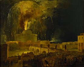 La Girandola: Fireworks at Castel Sant'Angelo in Rome, 1830s. Creator: Caffi, Ippolito (1814-1866).