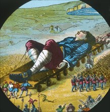 The Lilliputians convey the sleeping Gulliver to their city, lantern slide, late 19th century. Creator: Unknown.