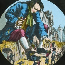 Gulliver frees the ringleaders of an attack against him, lantern slide, late 19th century. Creator: Unknown.