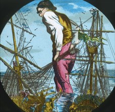Gulliver captures the Blefuscudians' ships, lantern slide, late 19th century.  Creator: Unknown.