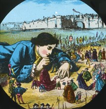 Gulliver is granted his freedom, lantern slide, late 19th century. Creator: Unknown.