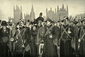 'London's Response - The City Imperial Volunteers Crossing Westminster Bridge', 1900. Creator: Allan Stewart.