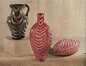 'Nailsea jug and flasks', late 18th-first half of the 19th century, (1946). Creator: Unknown.