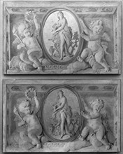 Pair of overdoors with Diana or a Nymph in an oval medallion supported by amorini, 1770-90. Creator: French Painter , 18th century .