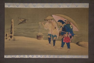Monkey Showman and Porter(?) in the Snow, 19th century. Creator: Hokuga.