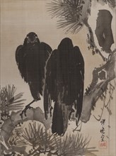 Two Crows on a Pine Branch, ca. 1887. Creator: Kawanabe Kyosai.