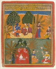 Krishna and Radha with Their Confidantes: Page from a Dispersed Gita Govinda, ca. 1655-60. Creator: Style of Manohar (active ca. 1582-1624).