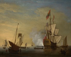 Harbor Scene: An English Ship with Sails Loosened Firing a Gun. Creator: Peter Monamy.