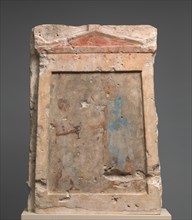 Painted limestone funerary slab with a soldier taking a kantharos..., 2nd half of 3rd century B.C. Creator: Unknown.