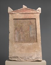 Painted limestone funerary slab with a soldier and two girls, 2nd half of 3rd century B.C. Creator: Unknown.