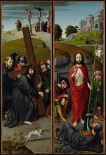 Christ Carrying the Cross, with the Crucifixion; The Resurrection, with the Pilgrims..., ca. 1510. Creator: Gerard David.