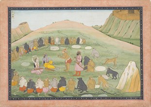 Hanuman Revives Rama and Lakshmana with Medicinal Herbs...,Ramayana series, ca. 1790. Creator: Workshop active in the First generation after Nainsukh (active ca. 1735-78).