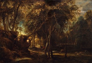 A Forest at Dawn with a Deer Hunt, ca. 1635. Creator: Peter Paul Rubens.