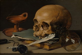 Still Life with a Skull and a Writing Quill, 1628. Creator: Pieter Claesz.