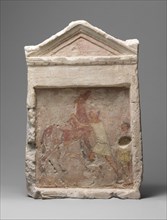 Painted limestone funerary slab with a man controlling a rearing horse, 2nd half 3rd century B.C. Creator: Unknown.