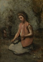 Girl Weaving a Garland, 1860-65. Creator: Jean-Baptiste-Camille Corot.