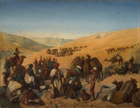 Halt of Caravans at the Wells of Saba (Beersheba) in the Desert South of Hebron, 1850. Creator: Charles-Louis-Frédy de Coubertin.