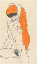 Standing Nude with Orange Drapery (recto): Study of Nude with Arms Raised (verso), 1914. Creator: Egon Schiele.
