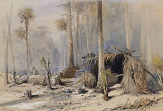 The Cypress-Shingle Yard, Ocklawaha River, Florida, 1870. Creator: Harry Fenn.