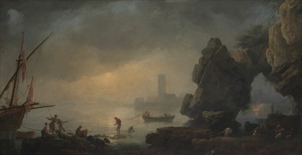 Harbor Scene with a Grotto and Fishermen Hauling in Nets. Creator: Unknown.