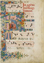 Manuscript Leaf with a Funeral Procession in an Initial R, from a Gradual, second half 15th century. Creator: Mariano del Buono.