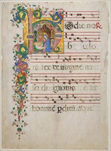 Manuscript Leaf with the Nativity in an Initial H, from an Antiphonary, second half 15th century. Creator: Master of the Riccardiana Lactantius.