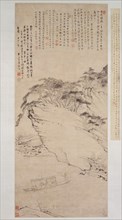 Boating on a River Beneath a Cliff, datable to 1673. Creator: Mei Qing.